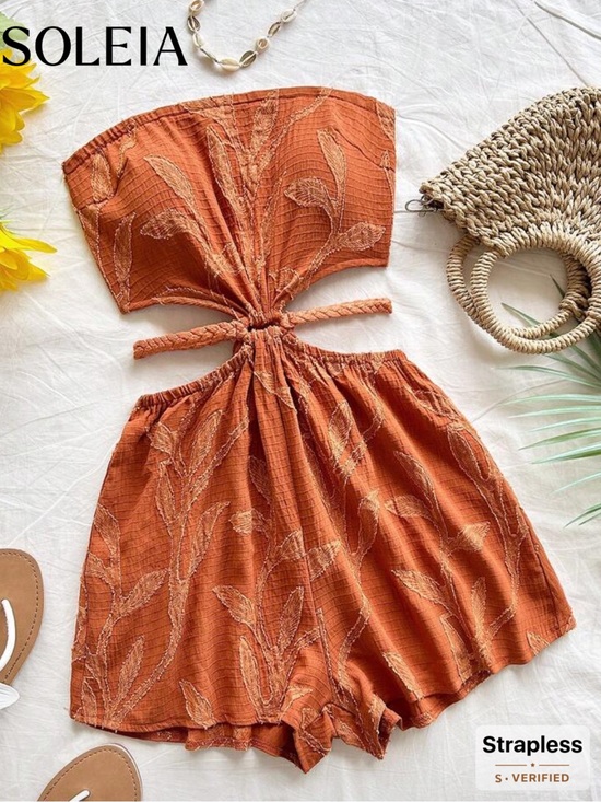 Pants - Rust Orange Strapless Flowy Leaf Leaves Textured Cutout Romper Playsuit L Large